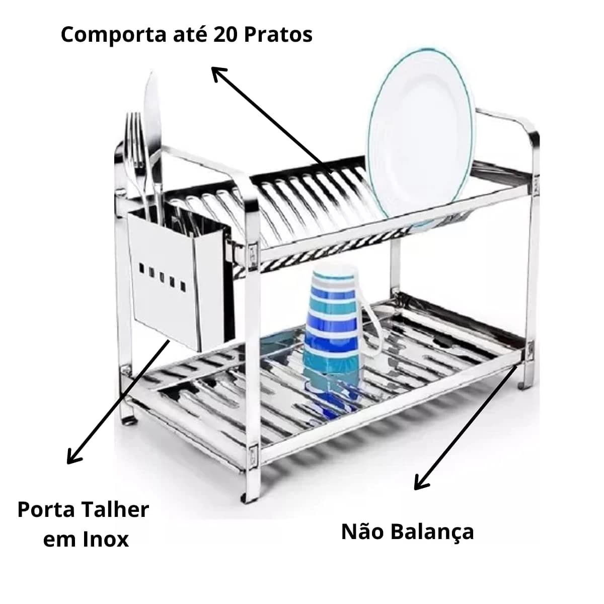 Escorredor Mak Inox Aço Inox 20 Pratos Porta Talheres Aço Inox