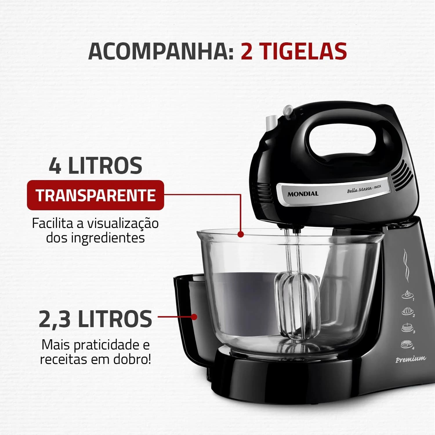Batedeira Bella Massa, Mondial, Preto/Inox, 500W, 110V - B-23 NP