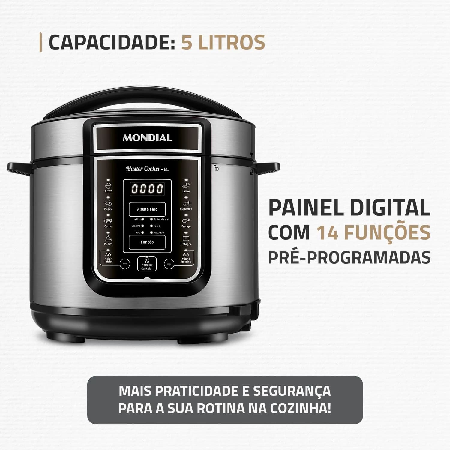 MONDIAL Panela de Pressão Elétrica Digital 5L, Preto/Inox, 900W, 110V