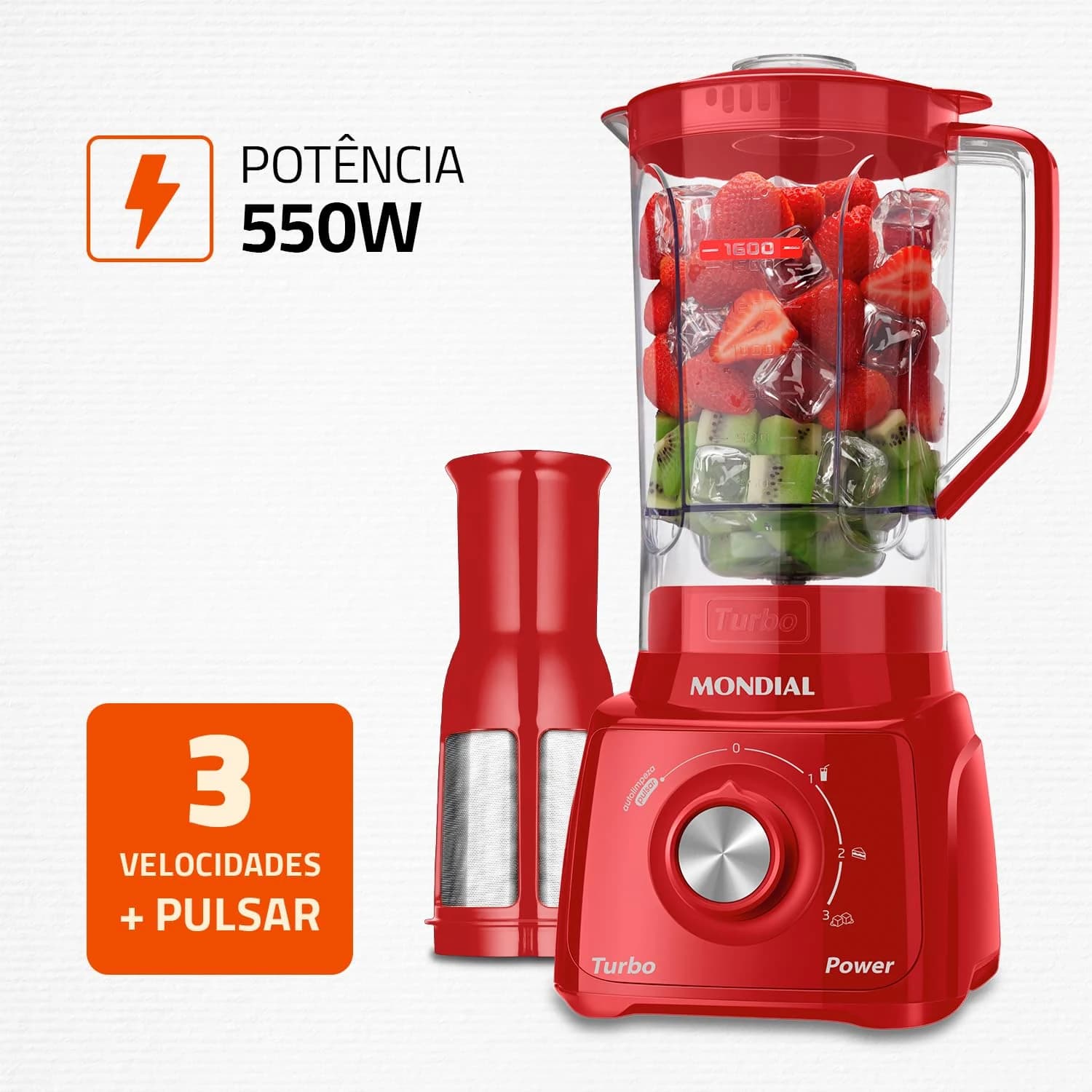 MONDIAL Liquidificador Turbo Power 550W, 110V, Vermelho, 1,6L - L-99 FR