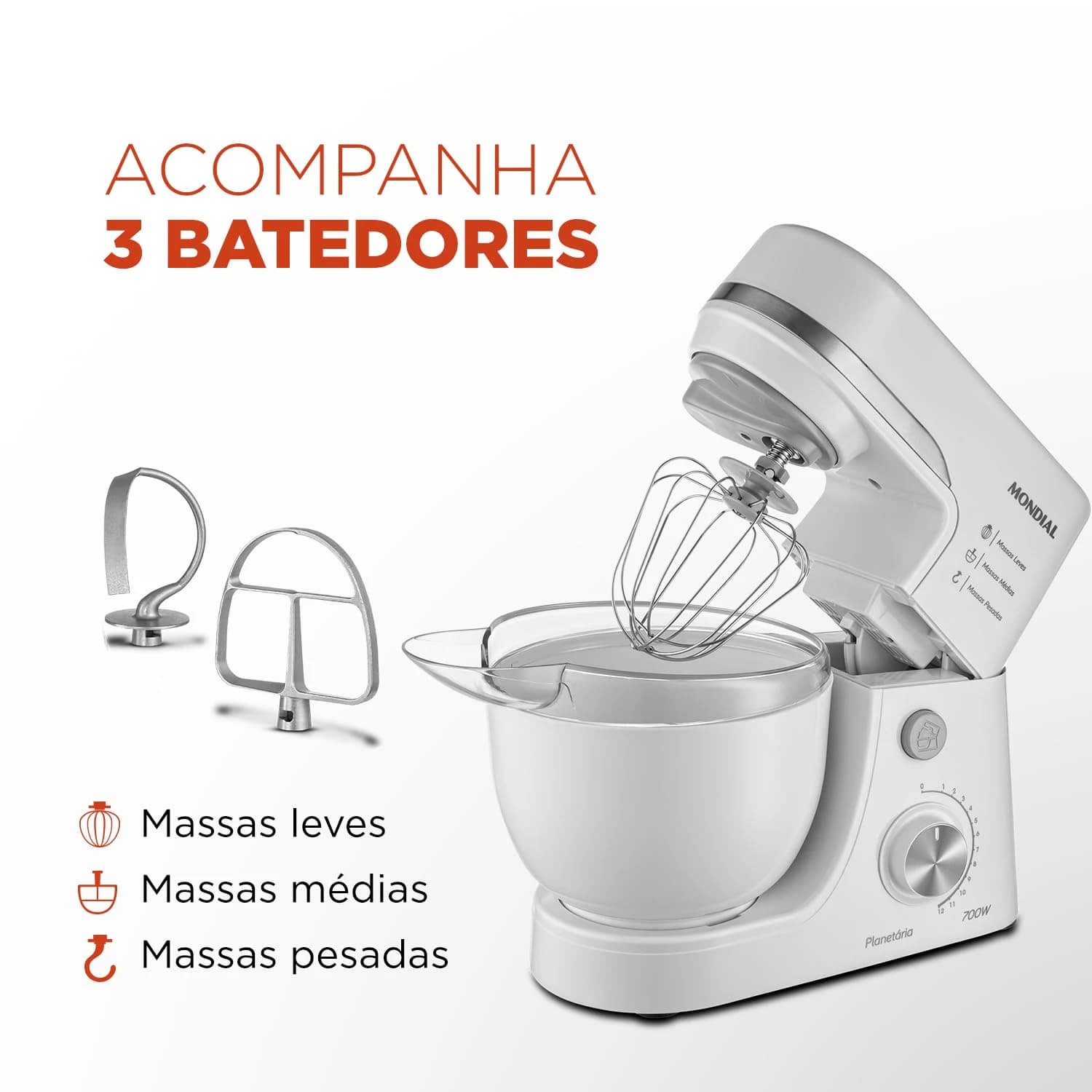 Batedeira Planetária, Mondial, Branco, 700W, 110V - BP-03-W