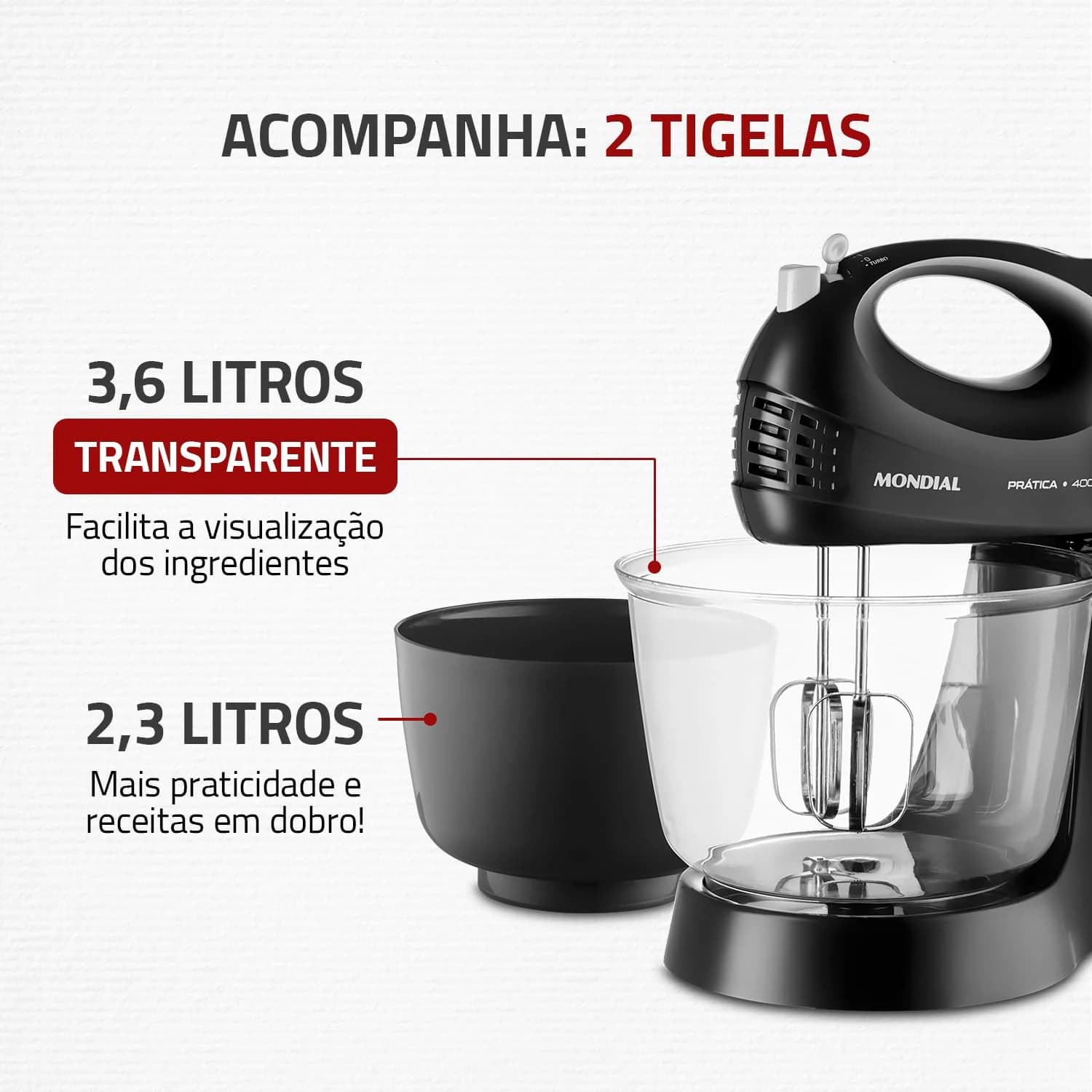 MONDIAL Batedeira Prática Due, Preto, 400W, 110V - B-45-B