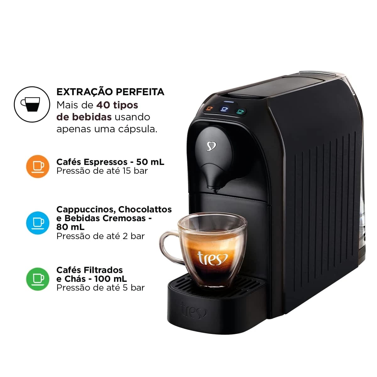 3 Corações TRES Cafeteira Espresso e Multibebida Passione Preta - 220V