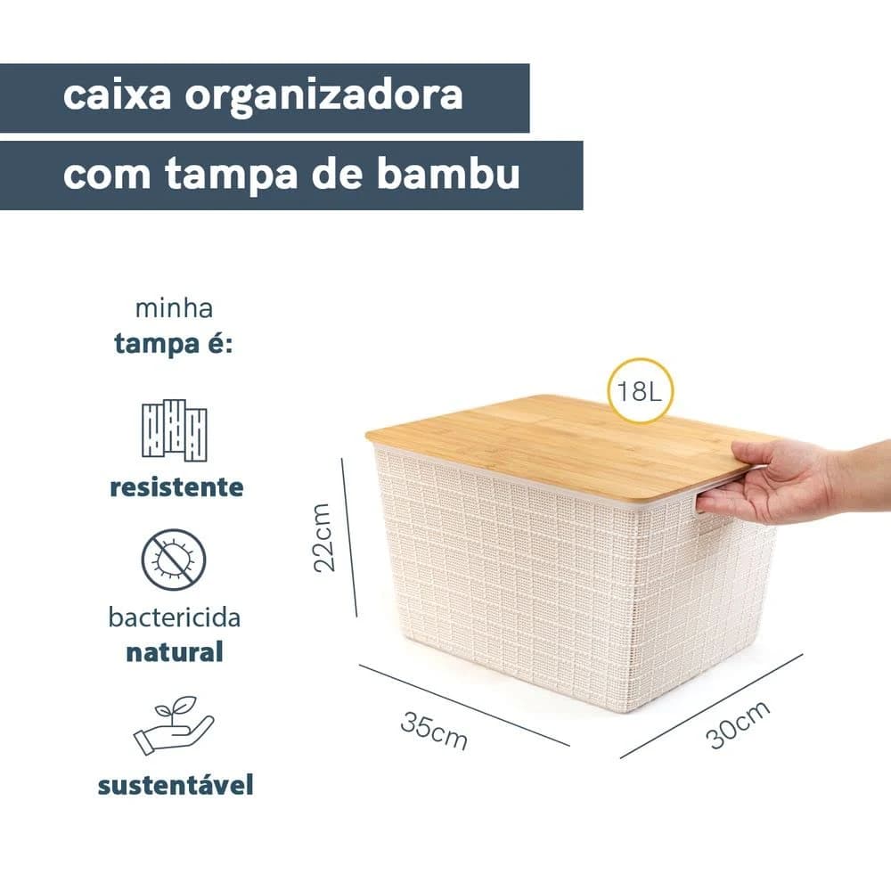 Oikos - Caixa Organizadora 18L com Tampa de Bambu Branca