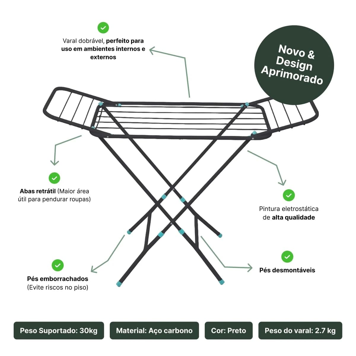 Varal de chão Dobravel em Aço Reforçado Slim com Abas Retrátil Não