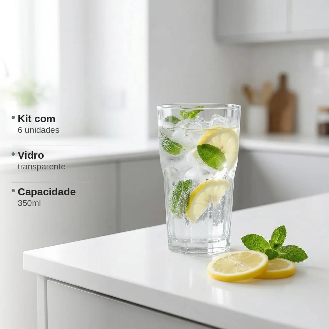 Kit com 6 Copos de Vidro Transparente Reforçado, 350ml, Acabamento