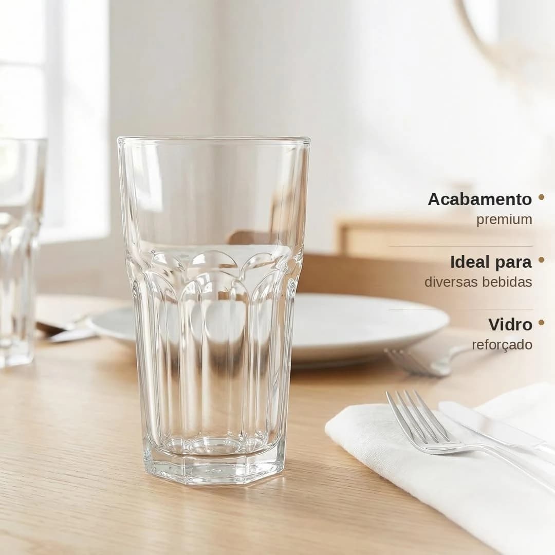 Kit com 6 Copos de Vidro Transparente Reforçado, 350ml, Acabamento