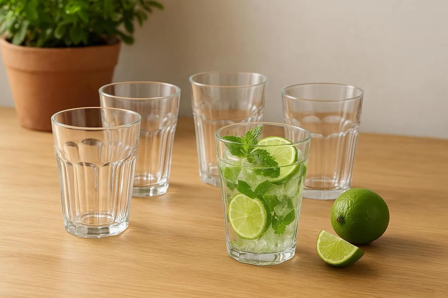Kit com 6 Copos de Vidro Transparente Reforçado, 350ml, Acabamento