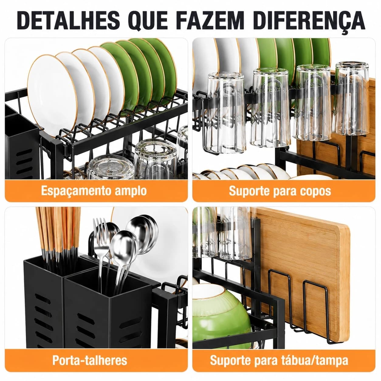 Escorredor de Louças Duplo Preto em Aço Carbono com Porta Talheres
