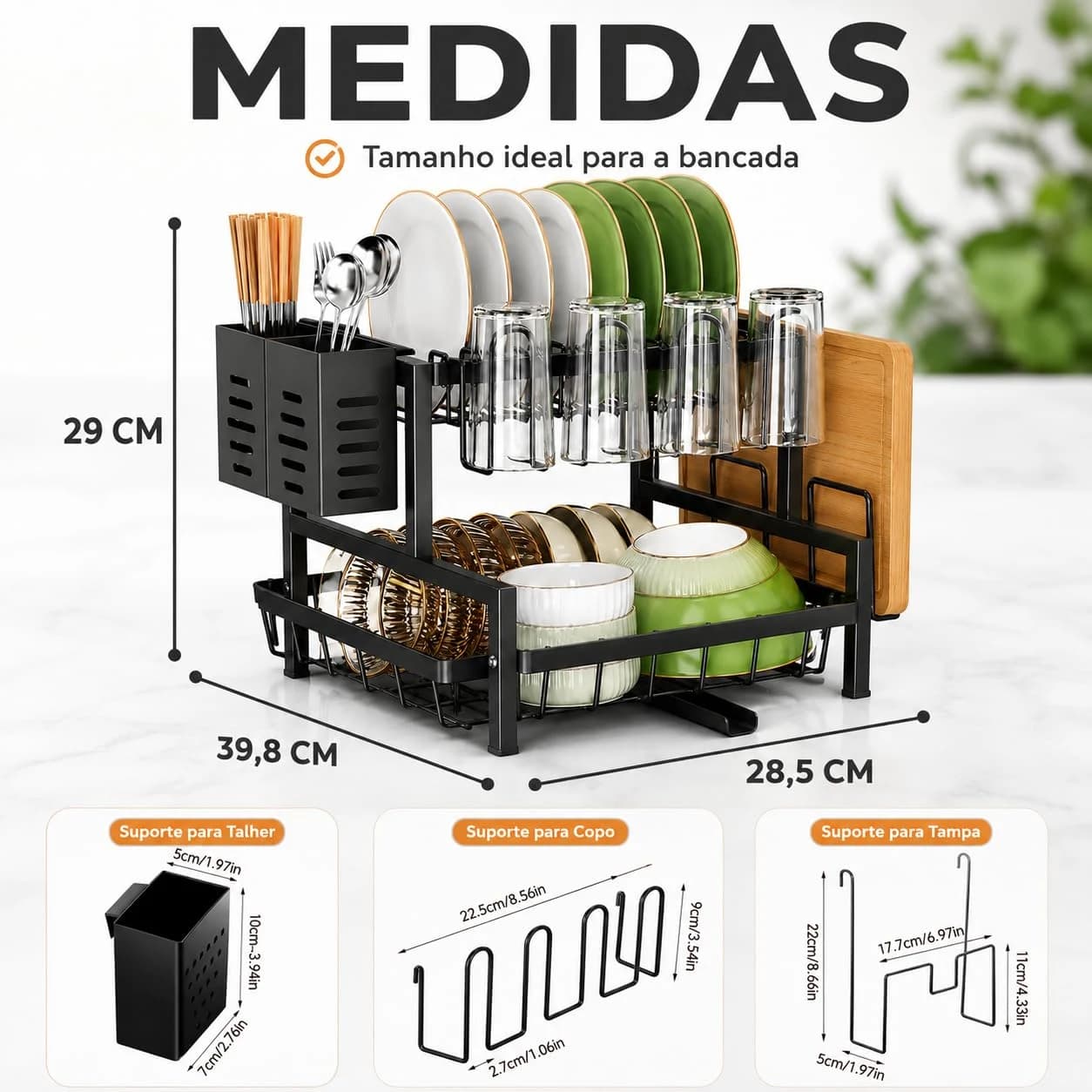 Escorredor de Louças Duplo Preto em Aço Carbono com Porta Talheres