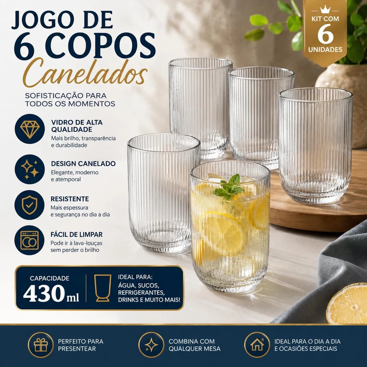 Jogo 6 Copos de Vidro Canelado 430ml Transparente Premium Luxo para Água