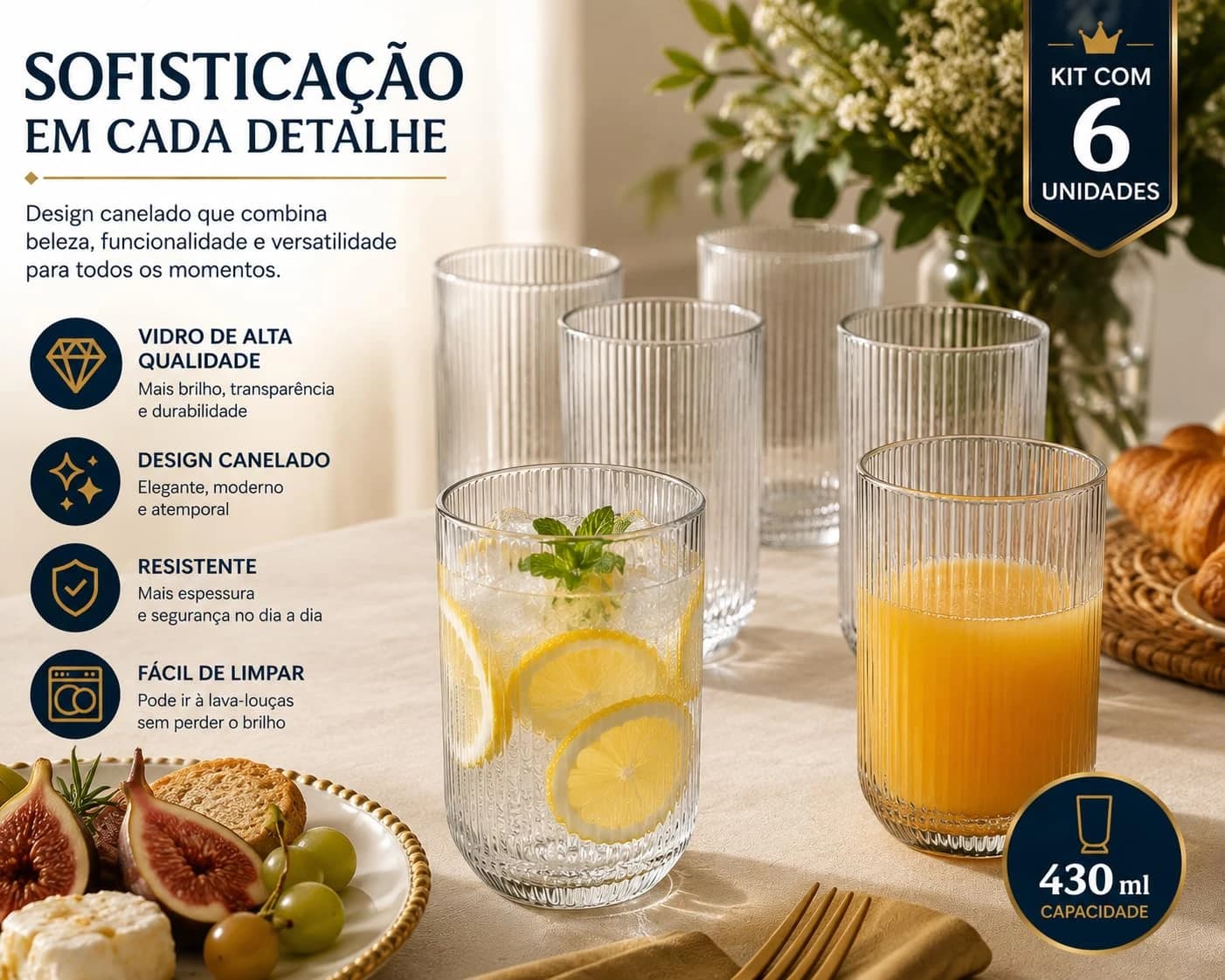 Jogo 6 Copos de Vidro Canelado 430ml Transparente Premium Luxo para Água