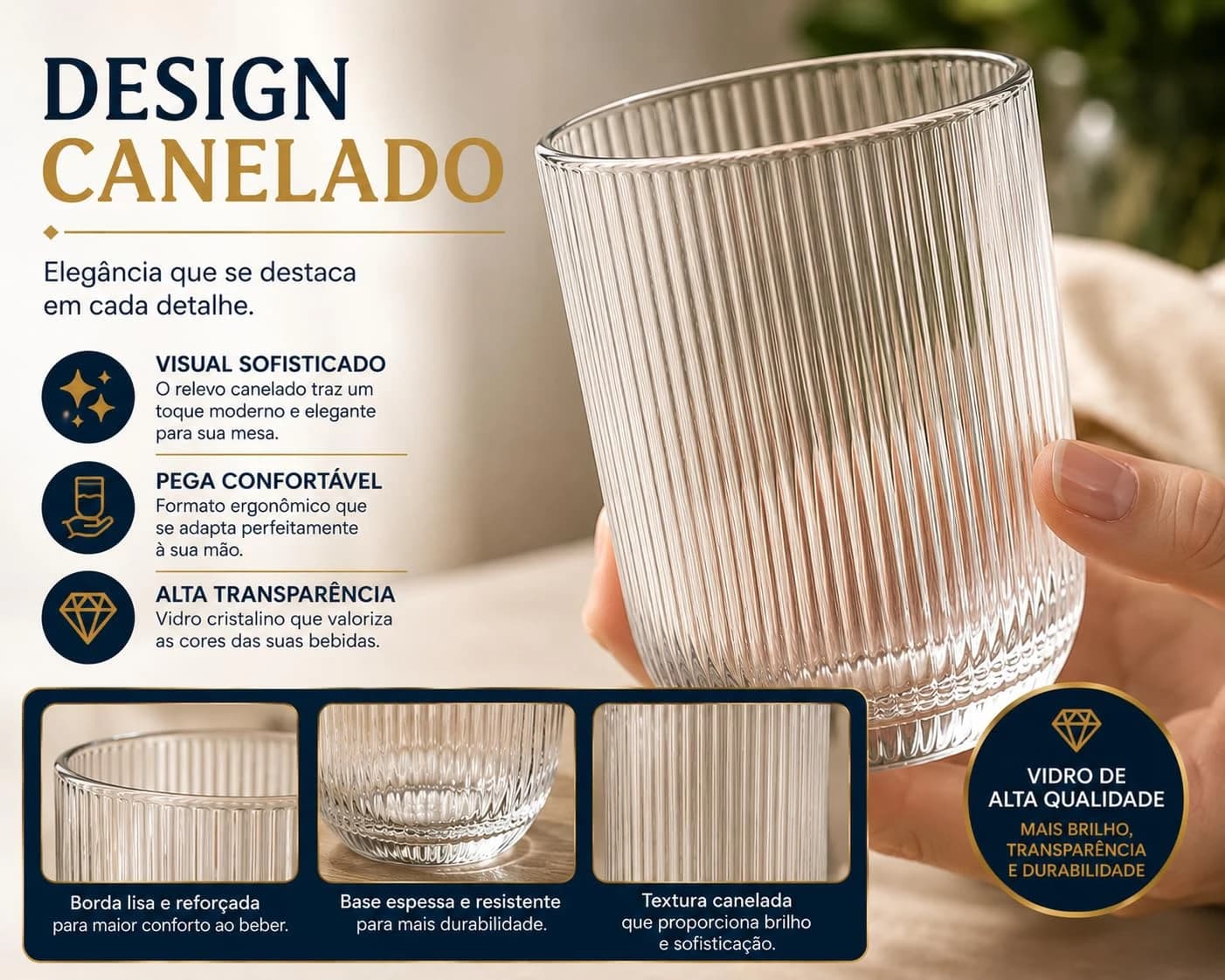 Jogo 6 Copos de Vidro Canelado 430ml Transparente Premium Luxo para Água