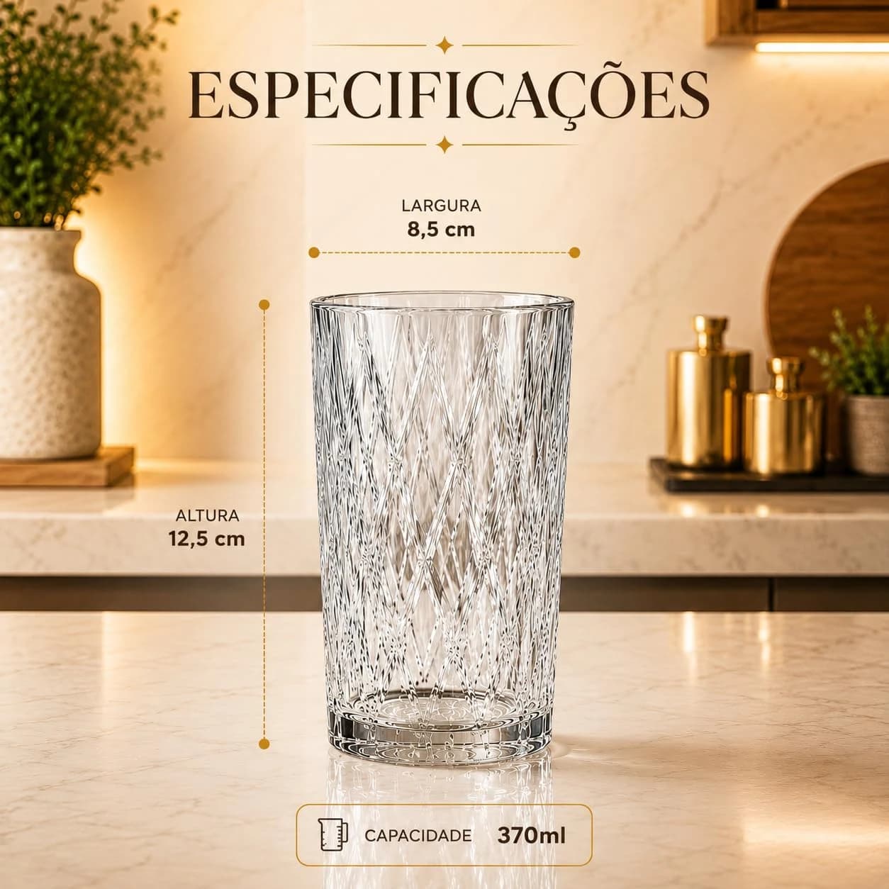 Kit 6 Copos de Vidro Diamond, 370ml, Transparente, Padrão Diamante, Ideal