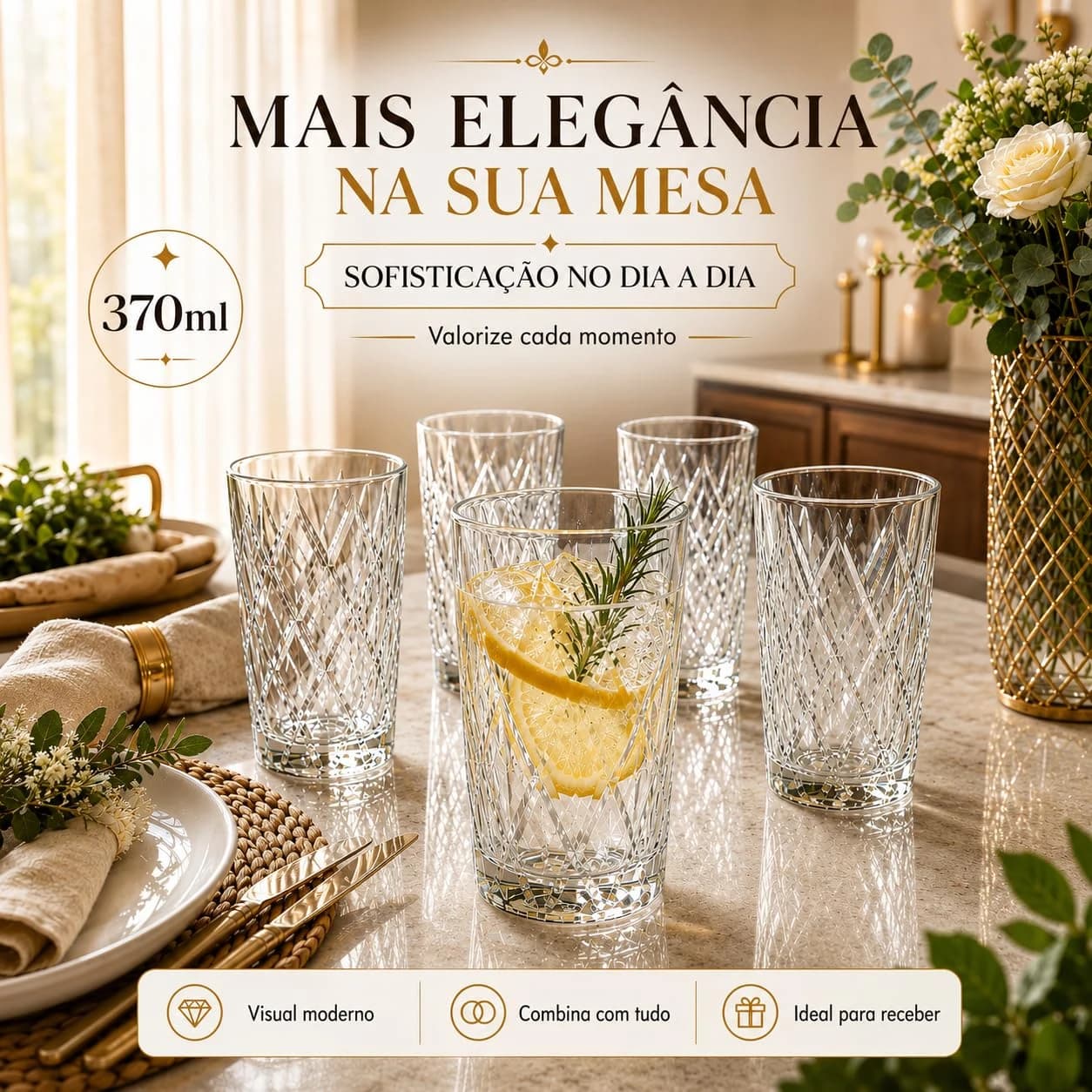 Kit 6 Copos de Vidro Diamond, 370ml, Transparente, Padrão Diamante, Ideal