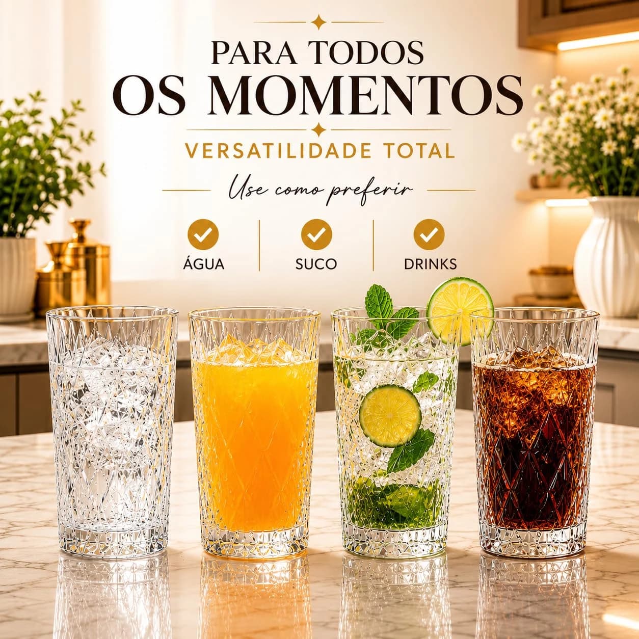 Kit 6 Copos de Vidro Diamond, 370ml, Transparente, Padrão Diamante, Ideal