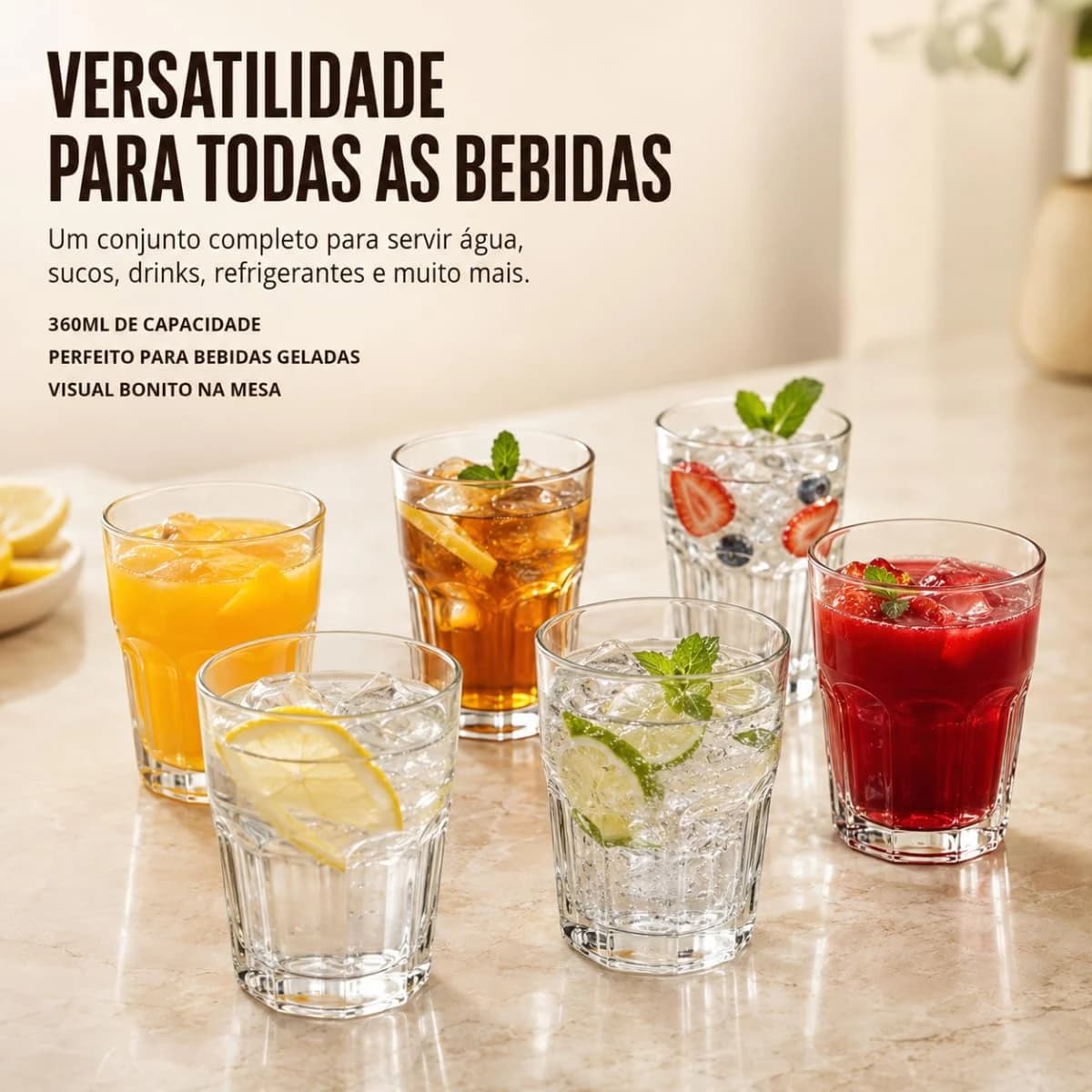 Kit 6 Copos De Vidro Transparente 360ml 12cm x 8,5cm Resistentes
