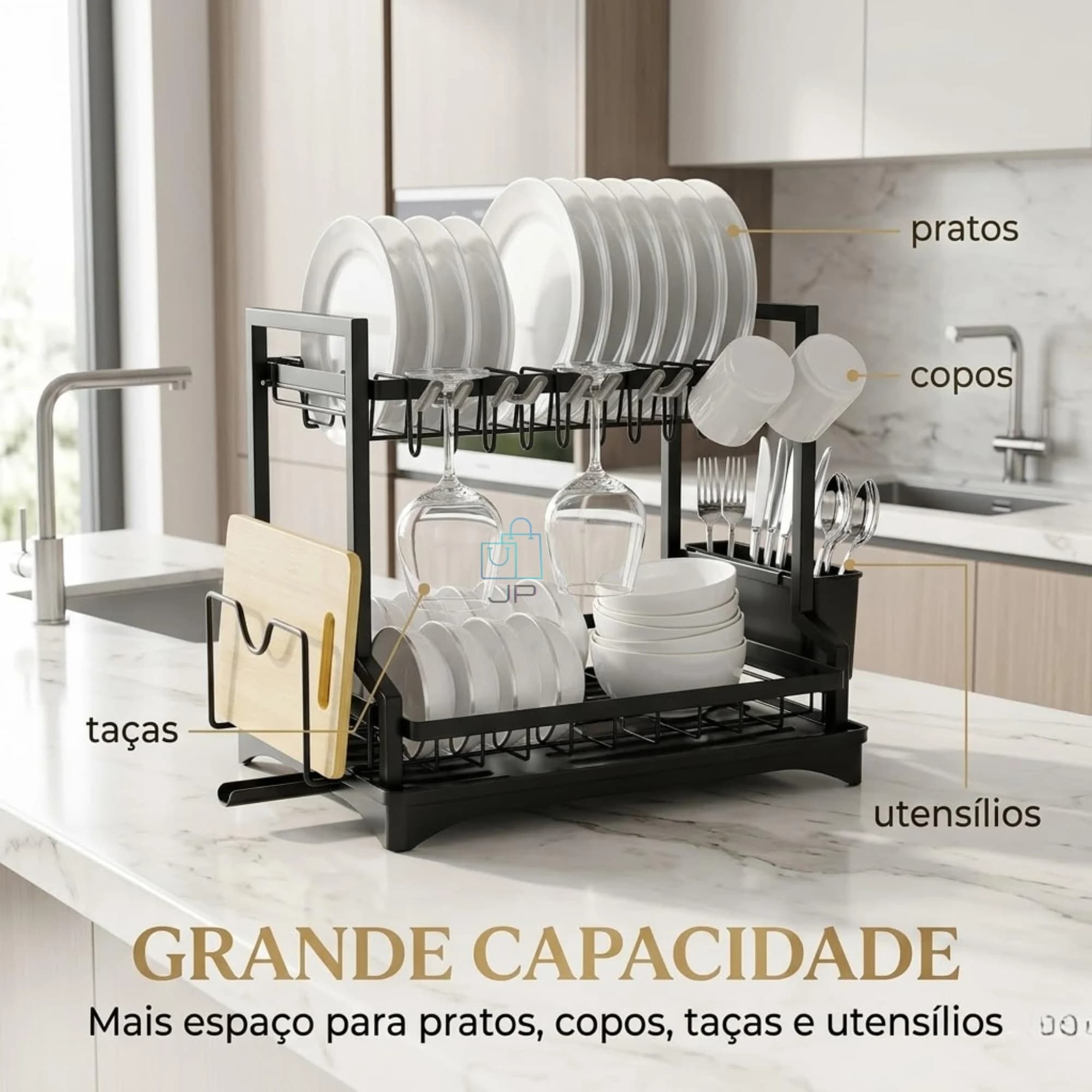 Escorredor de Louça em Aço Carbono Preto 2 Andares com Bandeja Porta