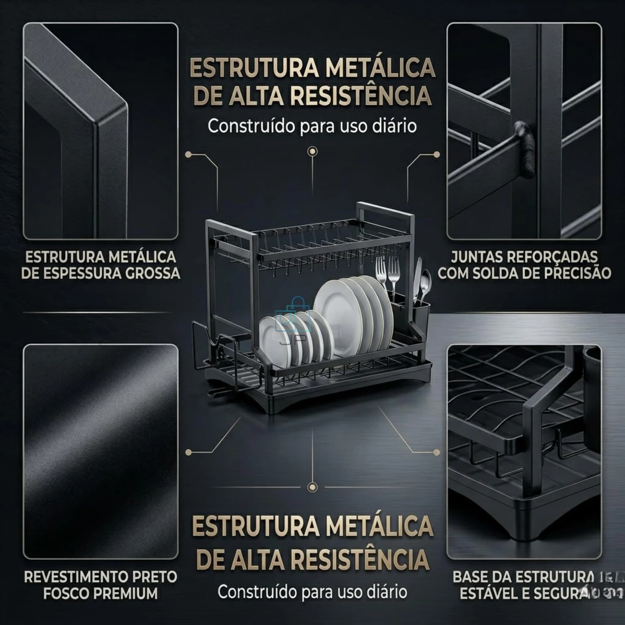 Escorredor de Louça em Aço Carbono Preto 2 Andares com Bandeja Porta