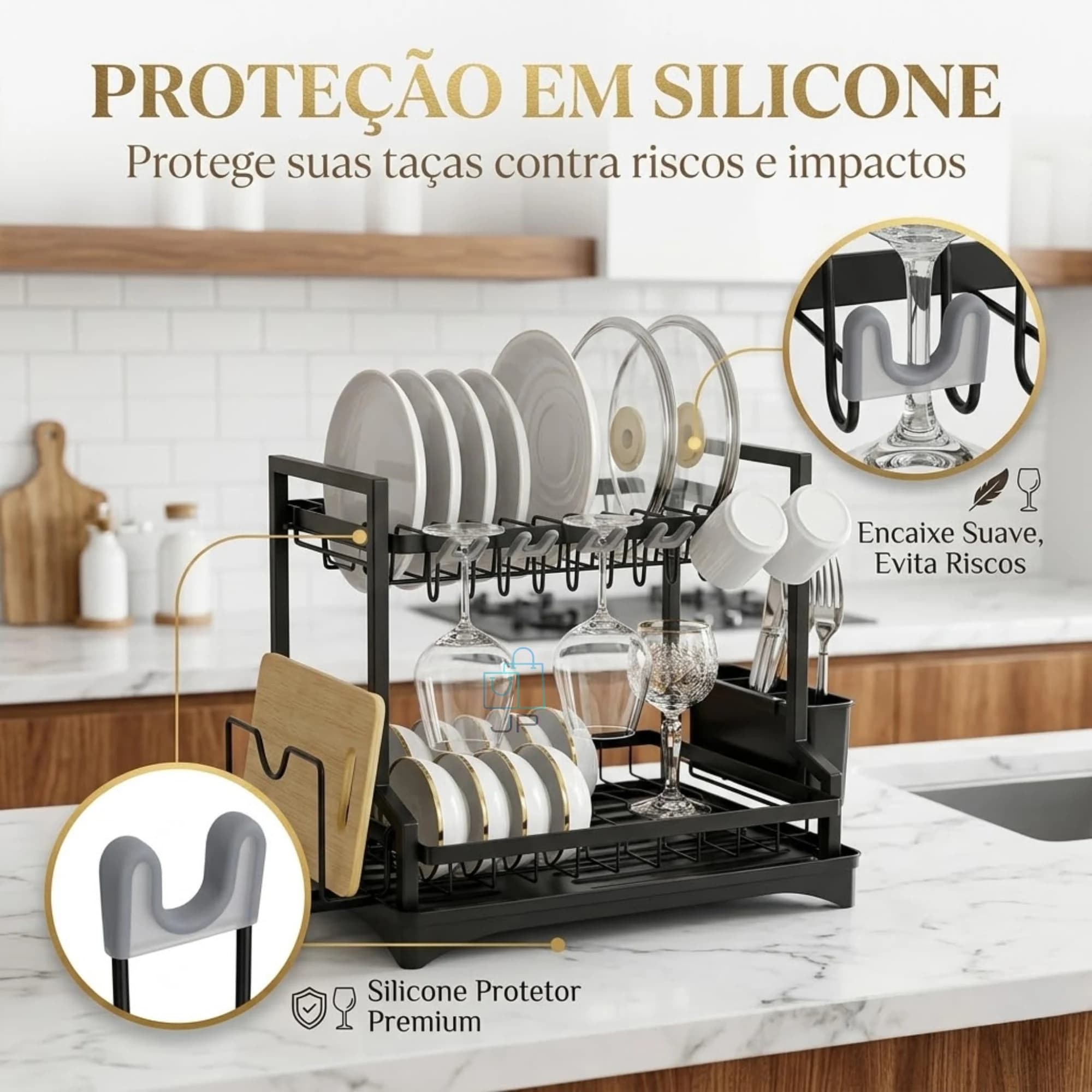 Escorredor de Louça em Aço Carbono Preto 2 Andares com Bandeja Porta