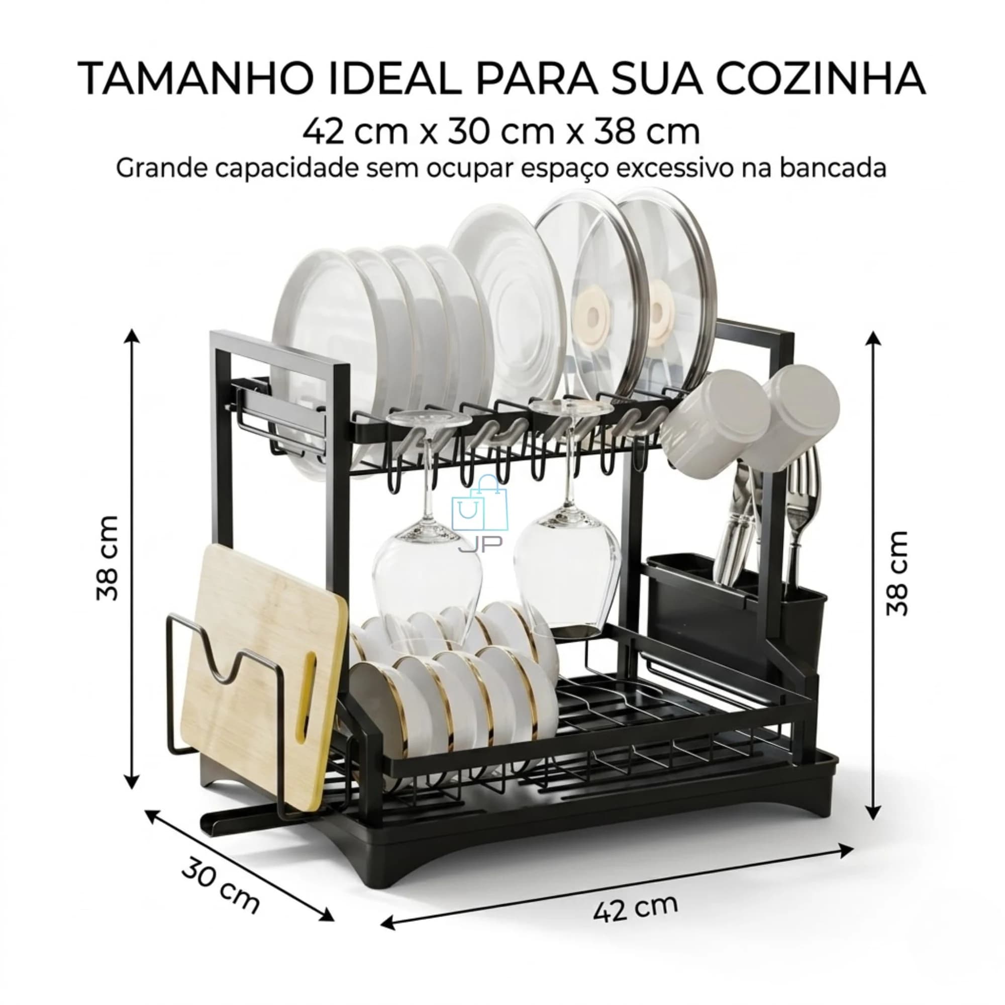 Escorredor de Louça em Aço Carbono Preto 2 Andares com Bandeja Porta