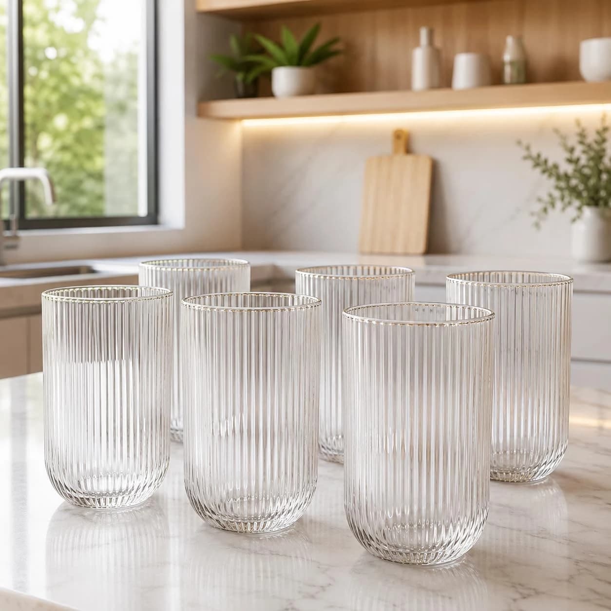 Jogo de 6 Copos Sofia, Vidro Transparente, 450ml, Design Canelado