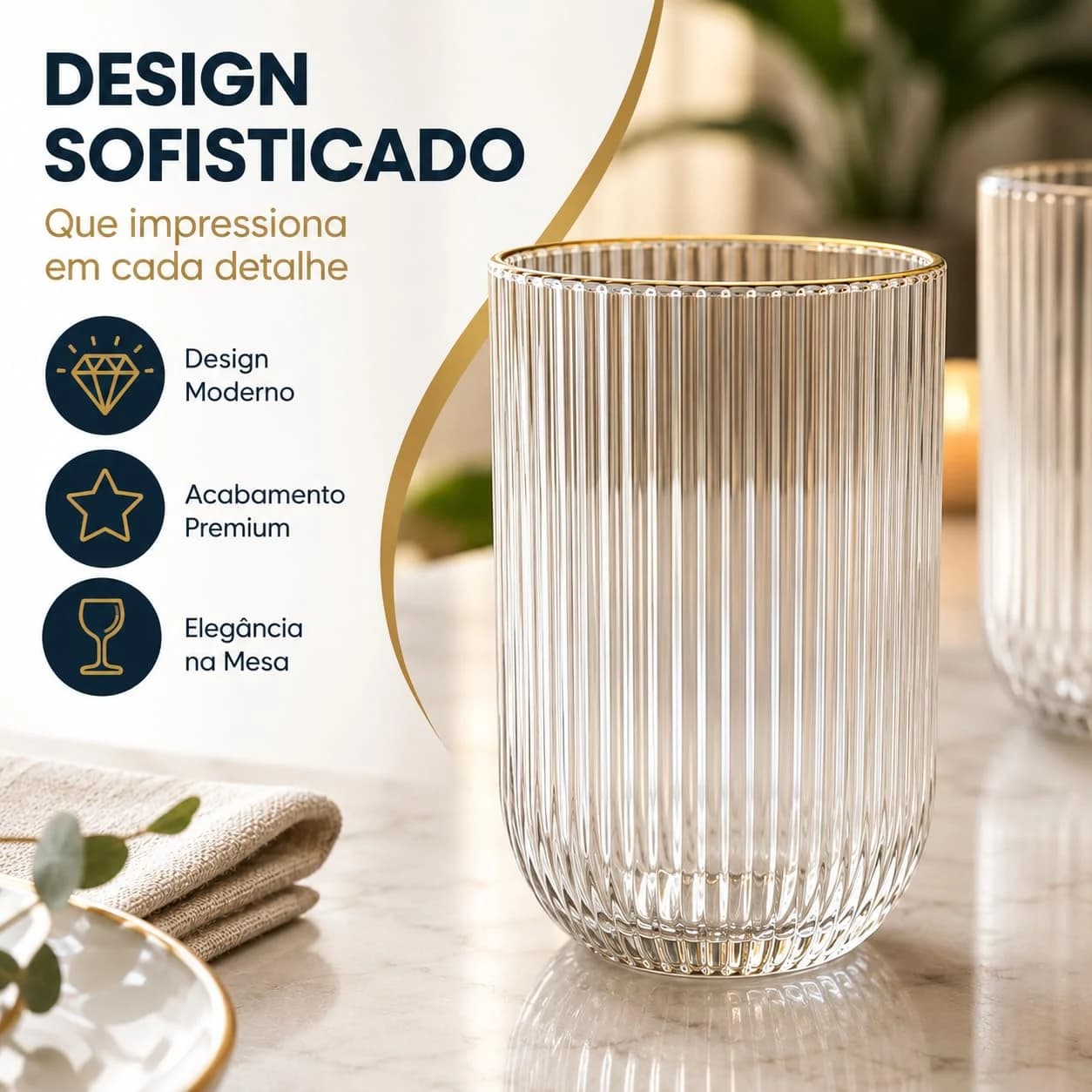 Jogo de 6 Copos Sofia, Vidro Transparente, 450ml, Design Canelado