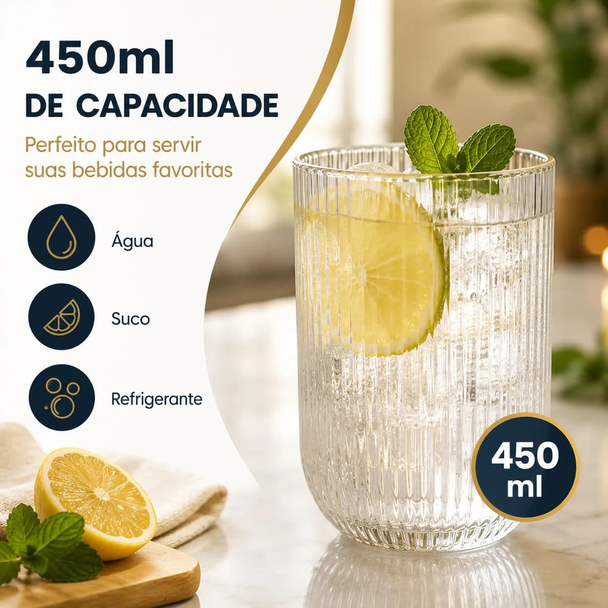 Jogo de 6 Copos Sofia, Vidro Transparente, 450ml, Design Canelado