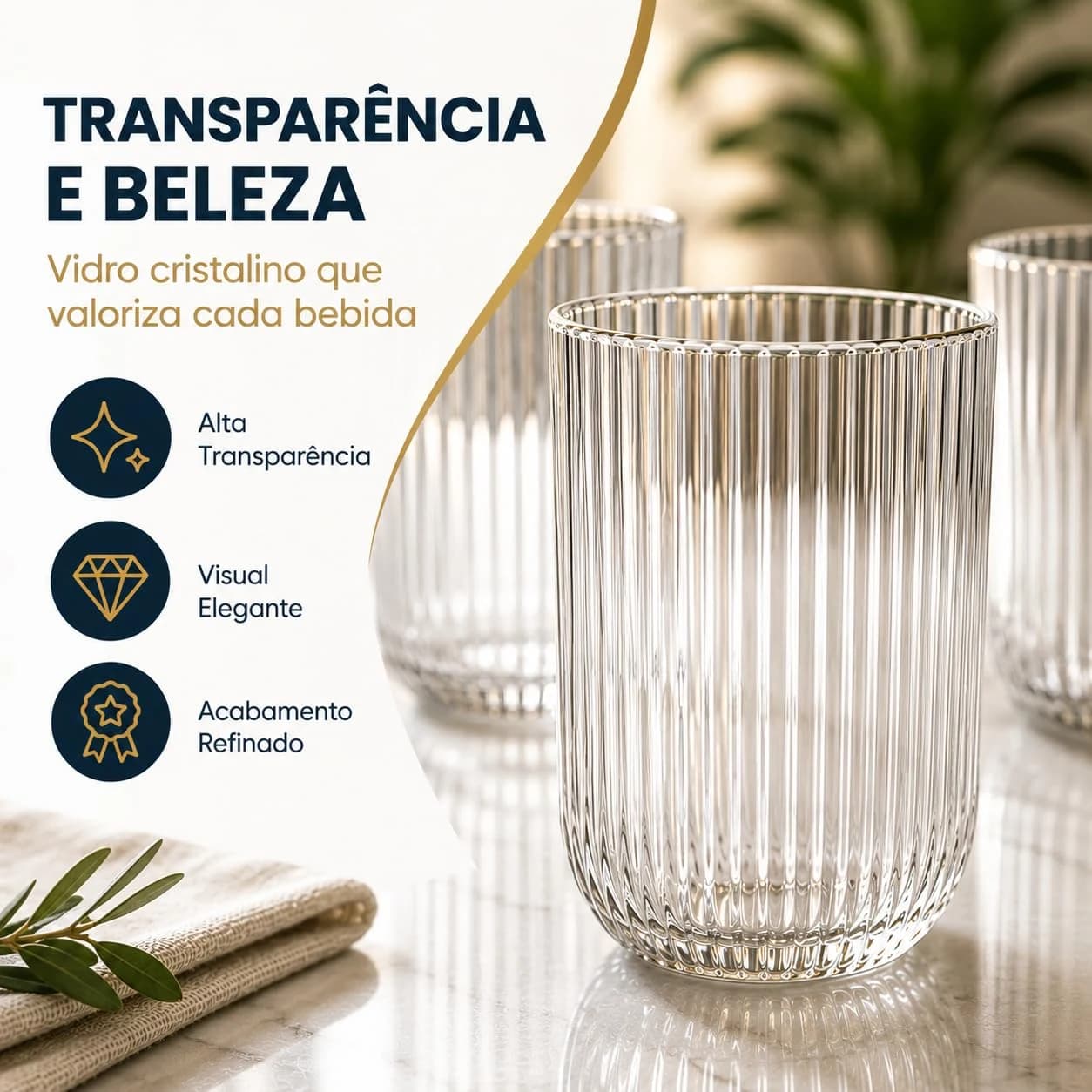 Jogo de 6 Copos Sofia, Vidro Transparente, 450ml, Design Canelado