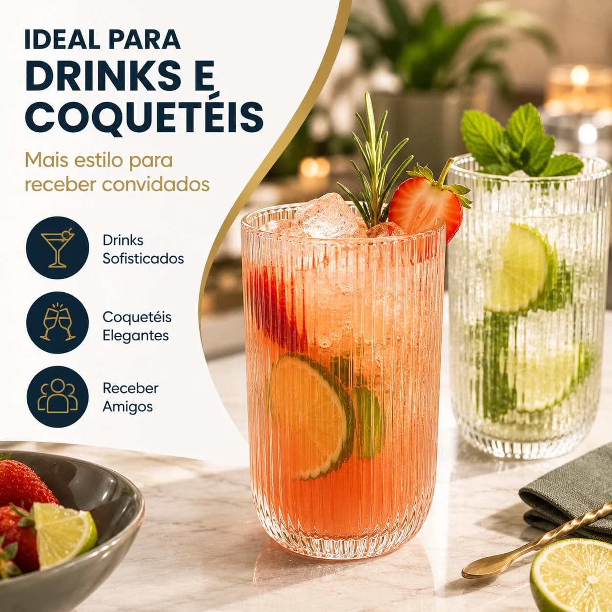 Jogo de 6 Copos Sofia, Vidro Transparente, 450ml, Design Canelado