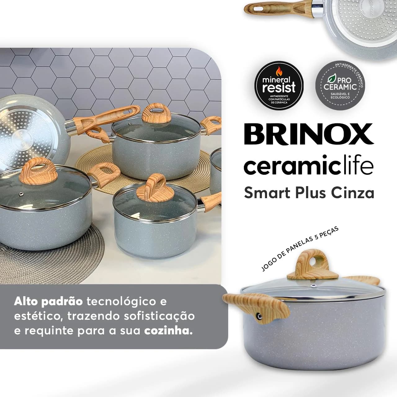 Brinox - Jogo de Panelas Ceramic Life 5 Peças Smart Plus com Fundo de