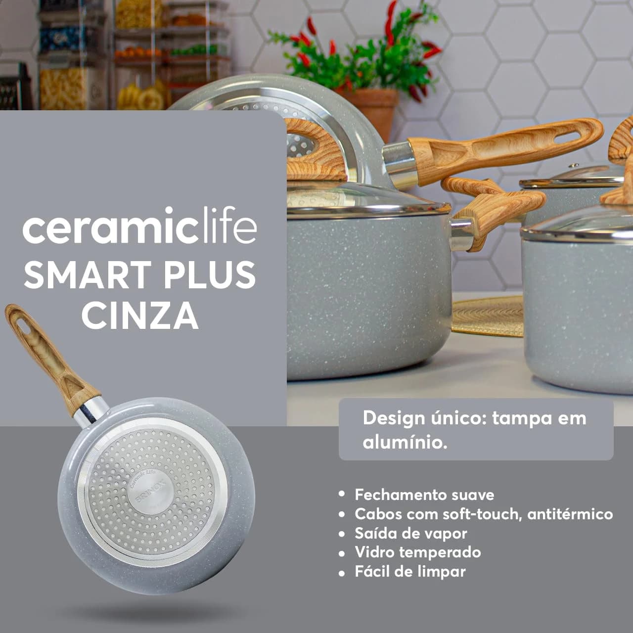 Brinox - Jogo de Panelas Ceramic Life 5 Peças Smart Plus com Fundo de