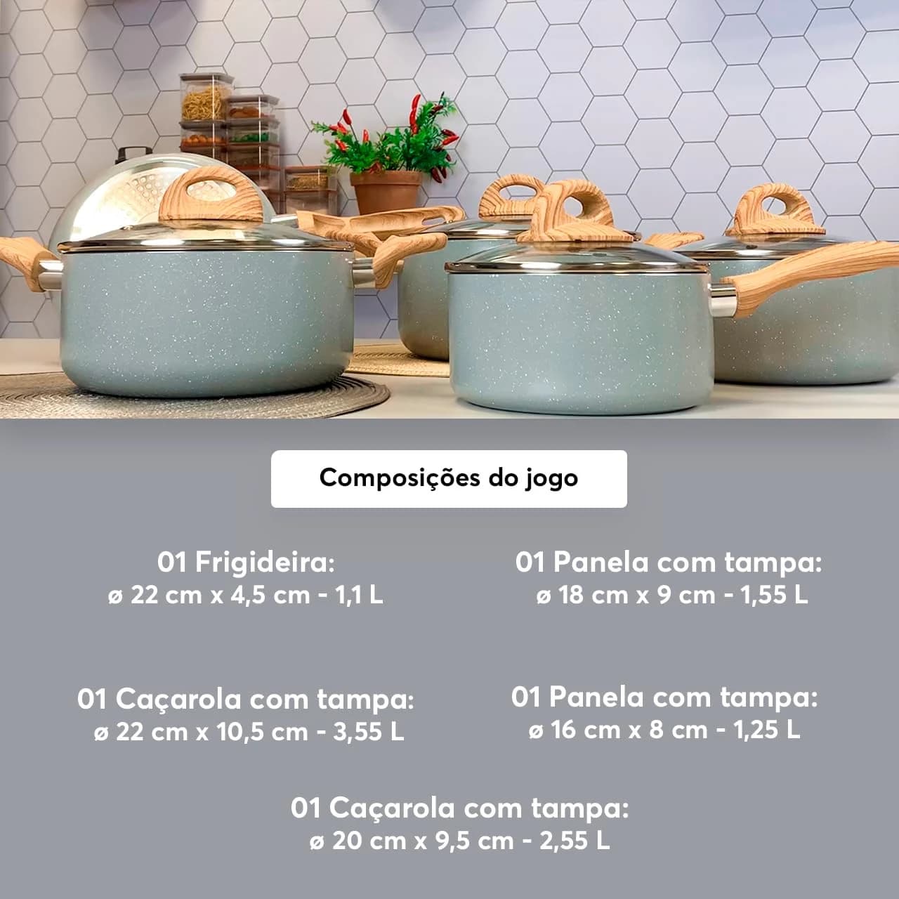 Brinox - Jogo de Panelas Ceramic Life 5 Peças Smart Plus com Fundo de