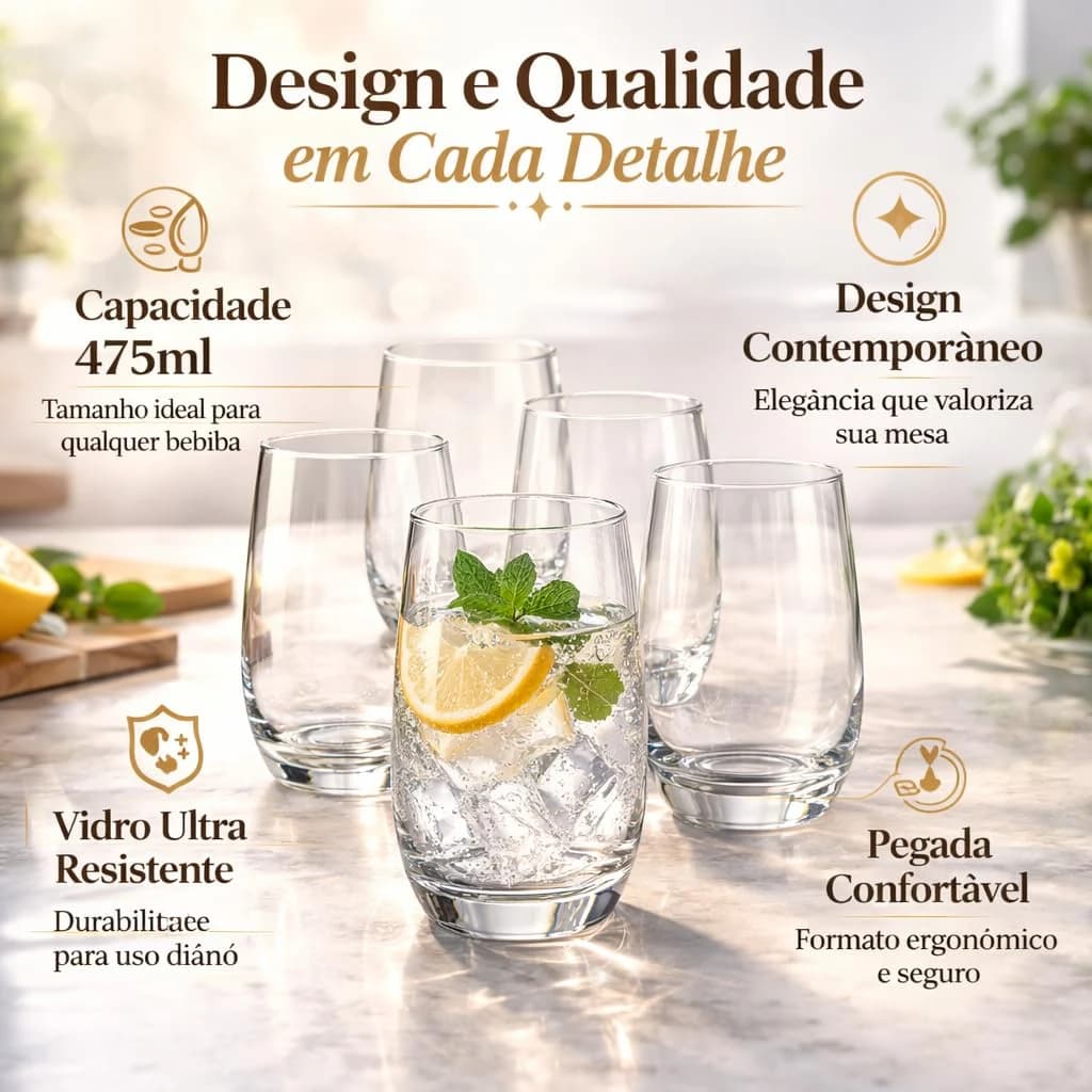 Jogo com 6 Copos de Vidro 475ml Tipo Balão Transparentes – Copos Grandes