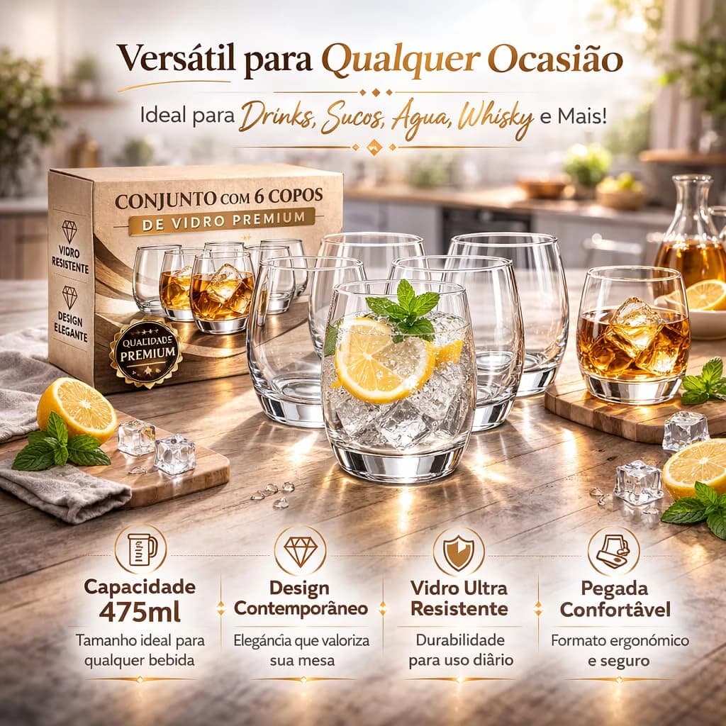 Jogo com 6 Copos de Vidro 475ml Tipo Balão Transparentes – Copos Grandes