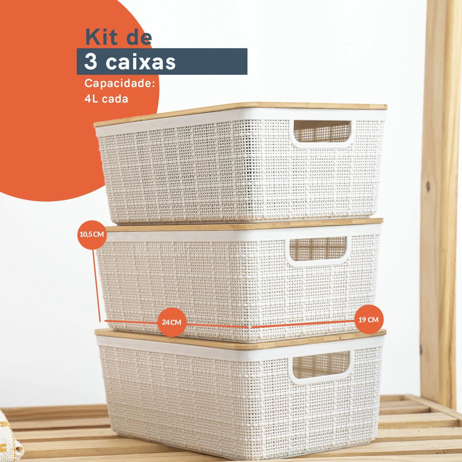 Oikos - Kit 3 Caixas Organizadoras 4L com Tampa de Bambu Brancas Multiuso