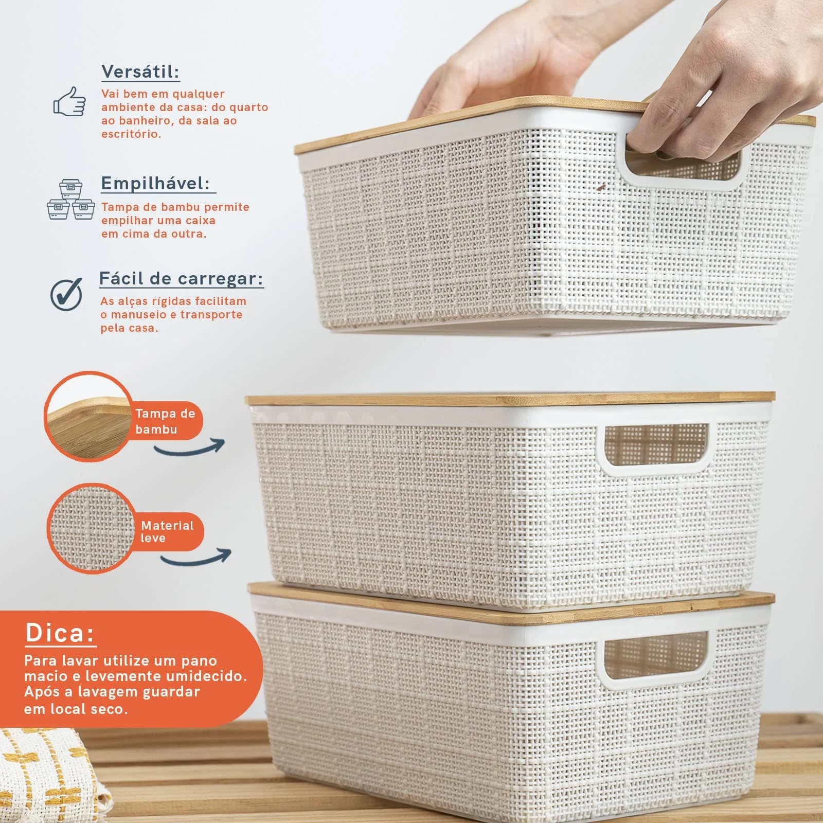 Oikos - Kit 3 Caixas Organizadoras 4L com Tampa de Bambu Brancas Multiuso