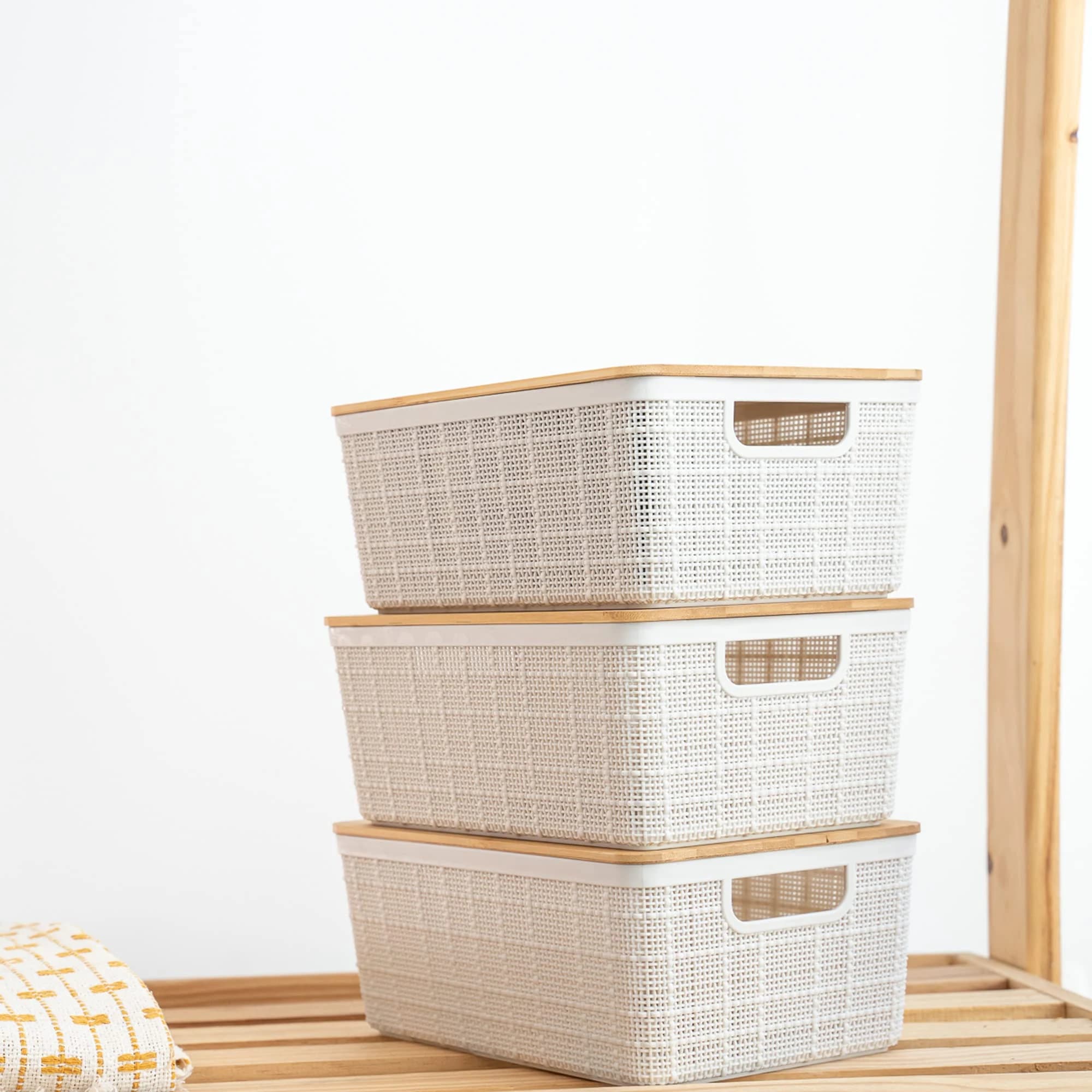Oikos - Kit 3 Caixas Organizadoras 4L com Tampa de Bambu Brancas Multiuso