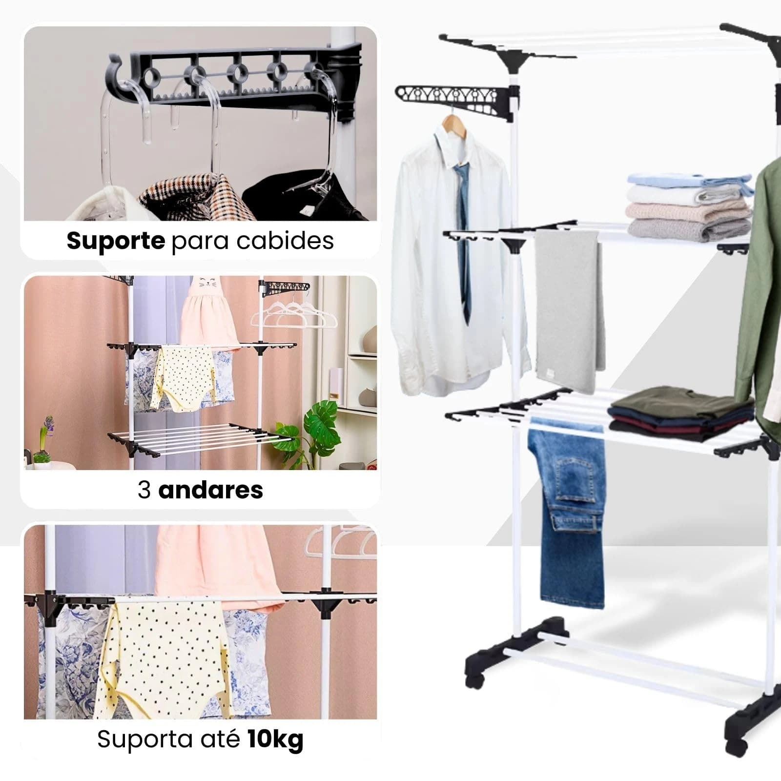 Varal De Chão 3 Andares Grande de Roupas Dobrável Regulável Retrátil com