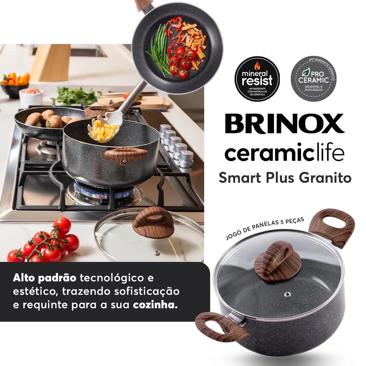 Brinox - Jogo de Panelas Antiaderente Ceramic Life 5 Peças com Fundo de