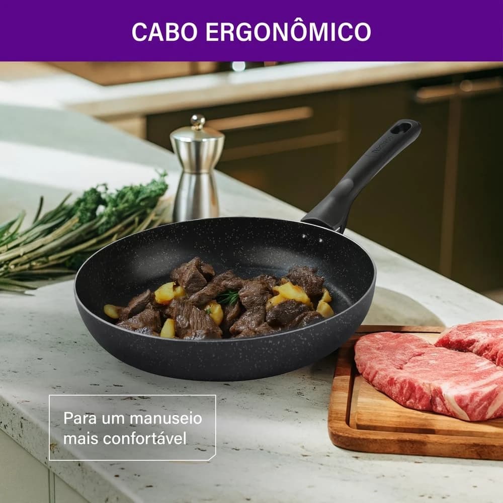 Frigideira Rochedo Stone Pro 24cm Preto com Efeito Pedra e Antiaderente