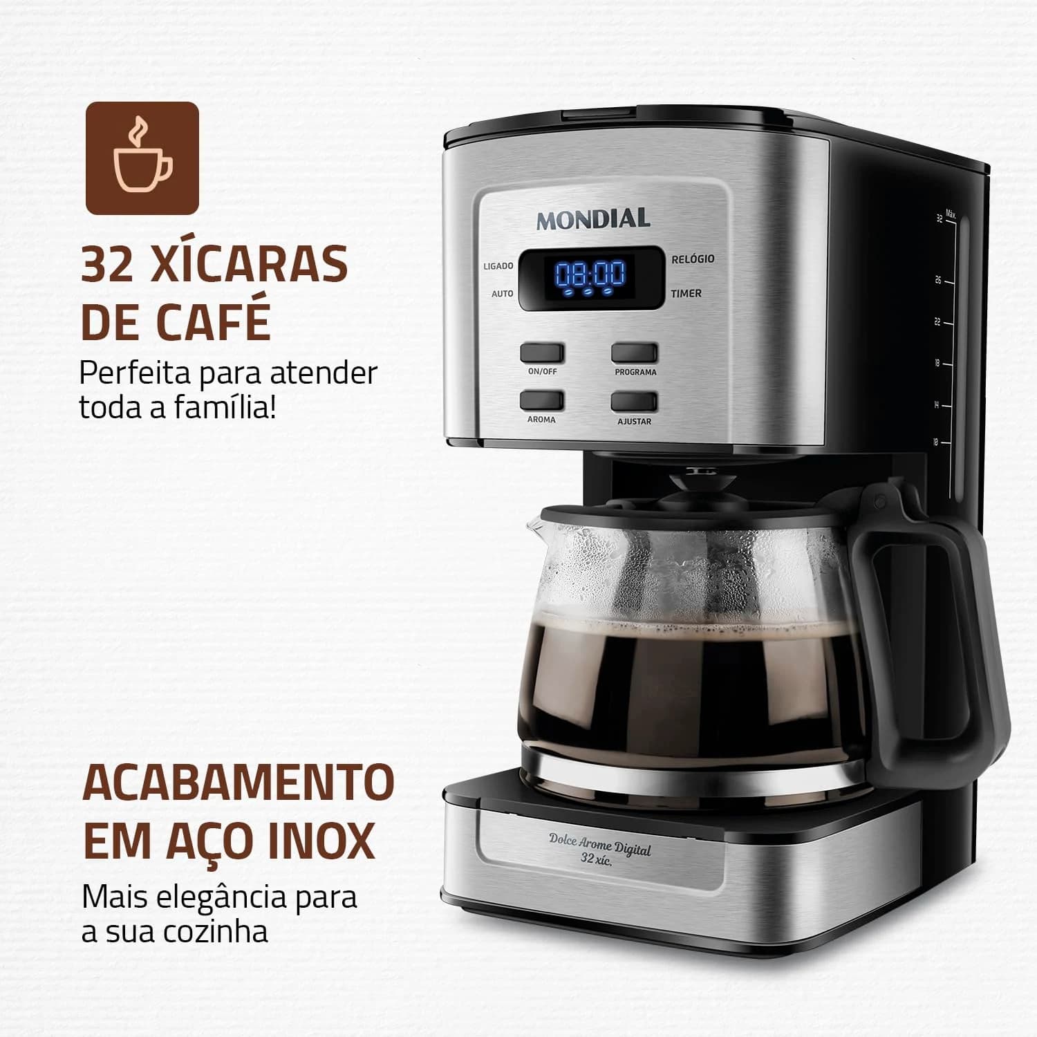 MONDIAL Cafeteira Elétrica Dolce Arome Digital, Preto/Inox, 800W, 110V