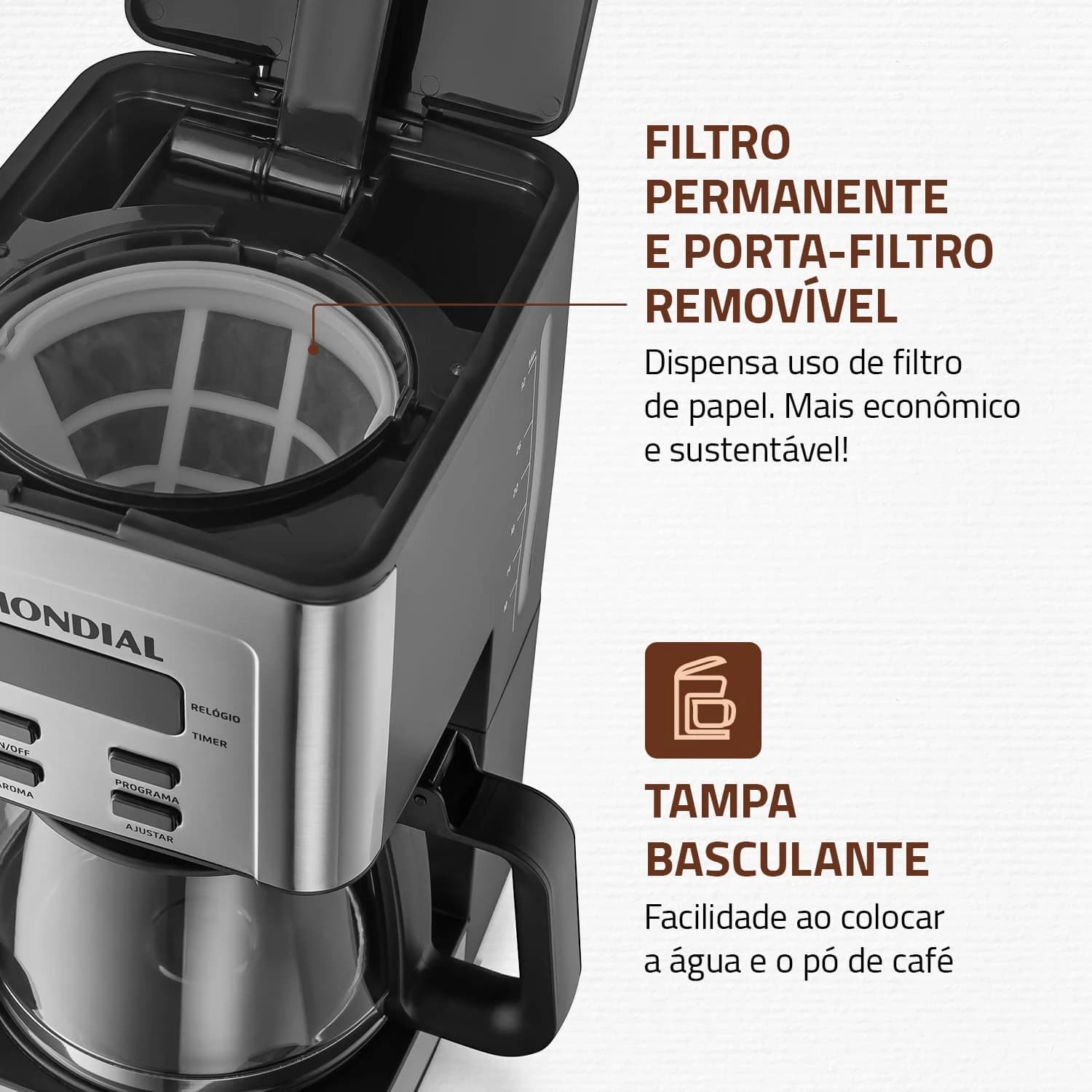 MONDIAL Cafeteira Elétrica Dolce Arome Digital, Preto/Inox, 800W, 110V