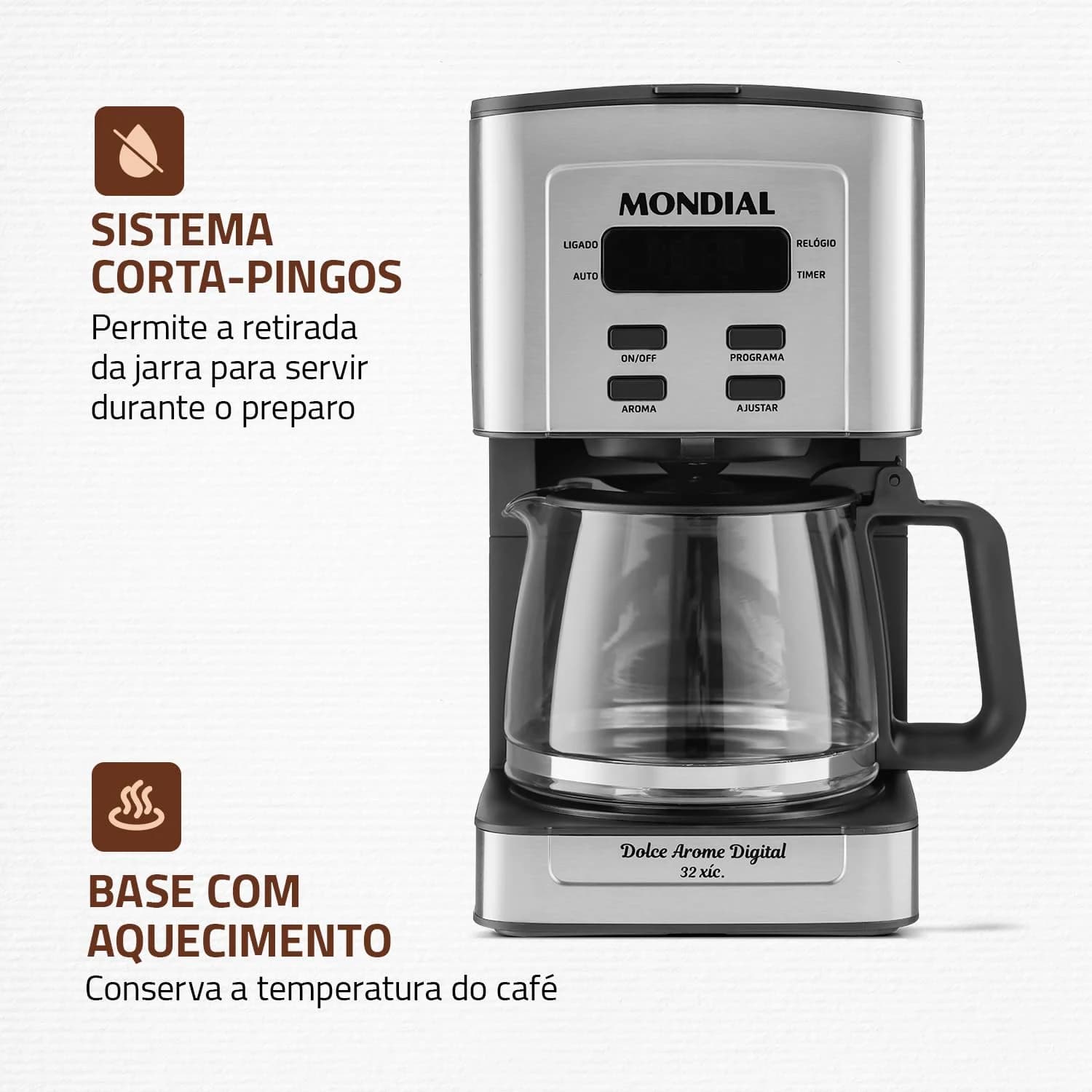 MONDIAL Cafeteira Elétrica Dolce Arome Digital, Preto/Inox, 800W, 110V