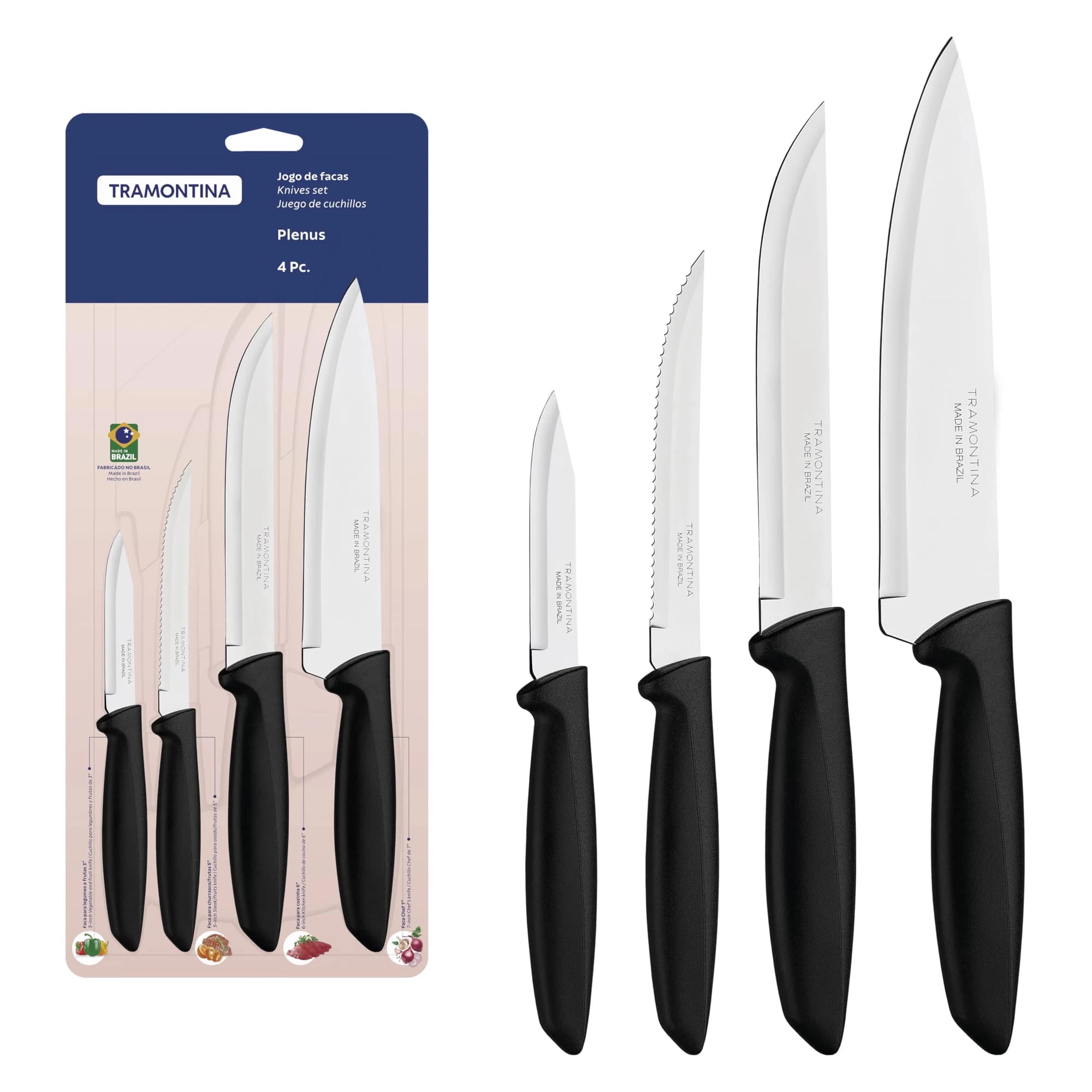 Tramontina Jogo Facas Inox 4PC Plenus PRE, Preto