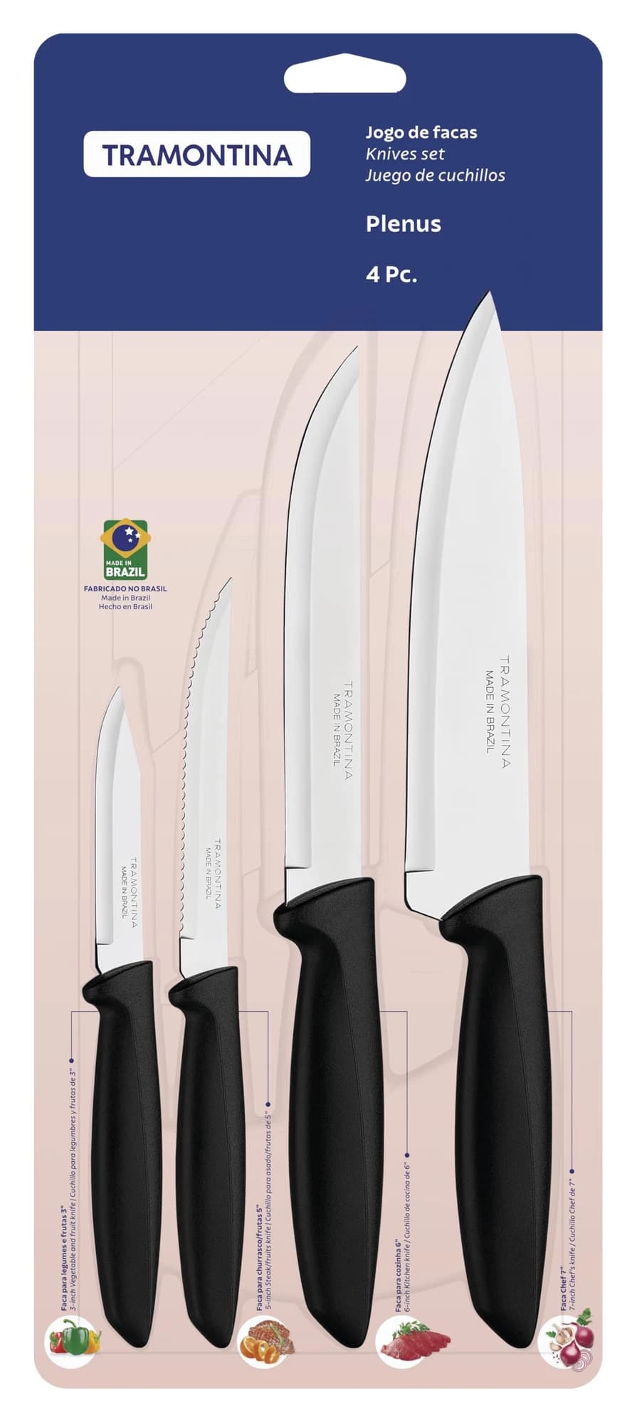 Tramontina Jogo Facas Inox 4PC Plenus PRE, Preto