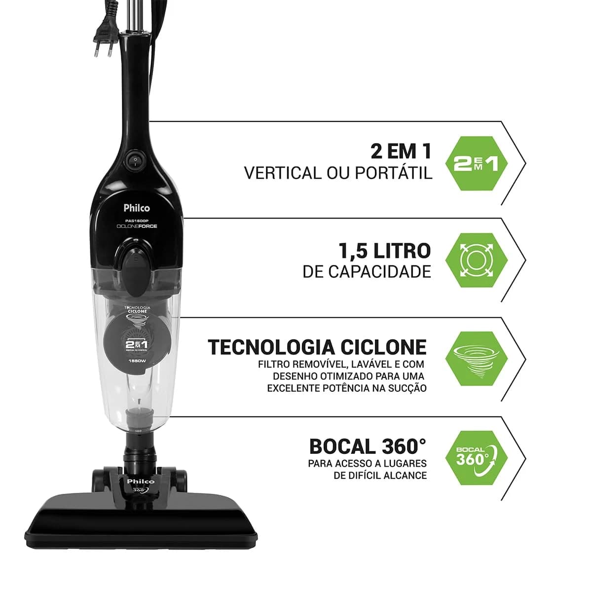 Aspirador de Pó Philco Vertical 2 em 1 1450w Preto Pas1600p - 220
