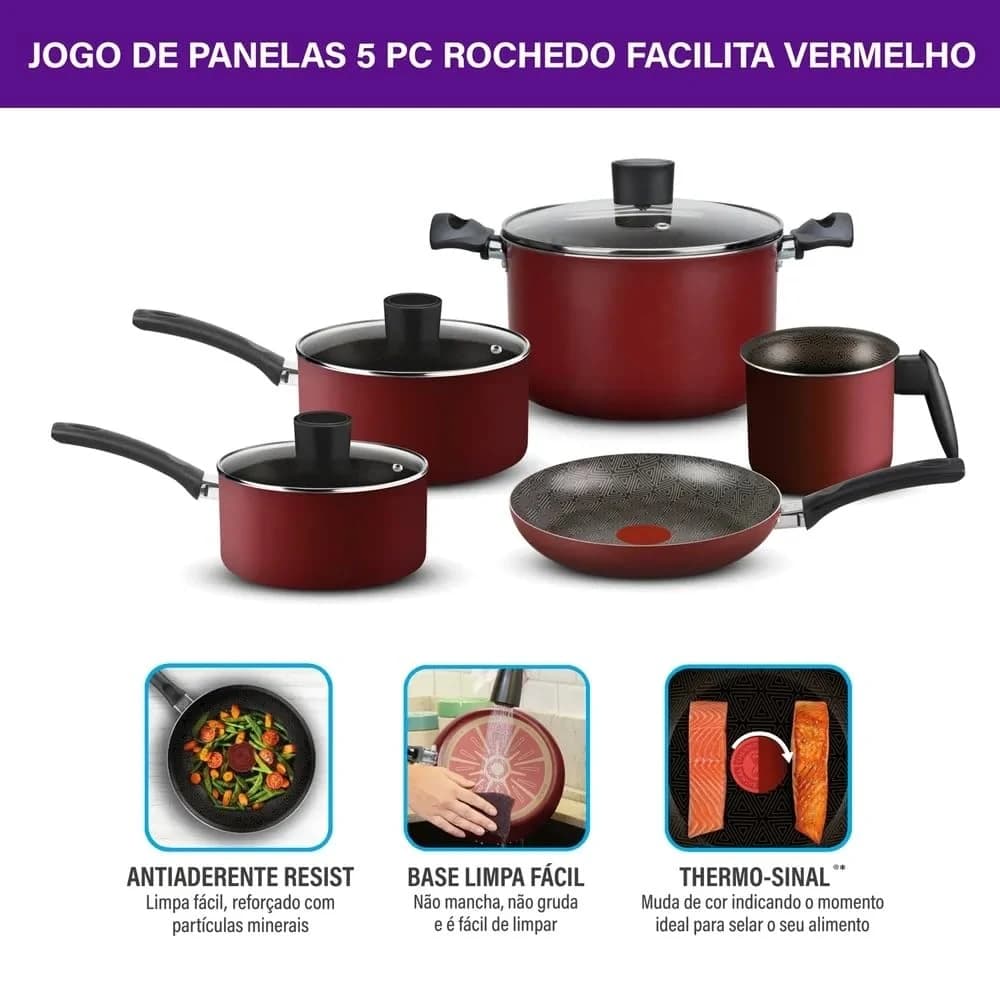 Rochedo Jogo de Panelas Facilita Vermelho 5 Peças Antiaderente Resist com