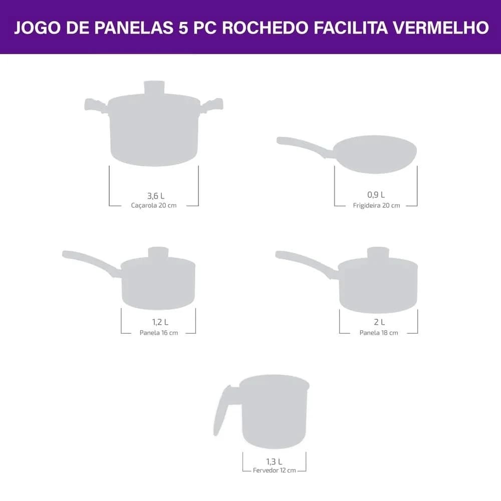 Rochedo Jogo de Panelas Facilita Vermelho 5 Peças Antiaderente Resist com