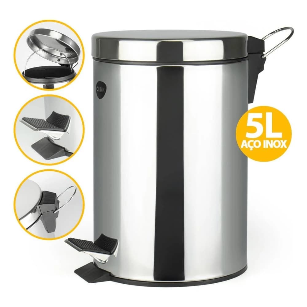 Lixeira de Aço Inox 5 Litros com Pedal Antiderrapante Balde Removível